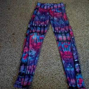 Purple, pink, and blue leggings